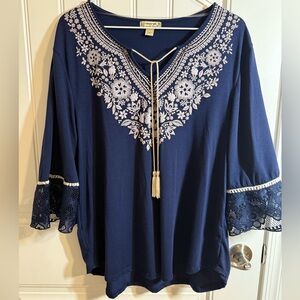 energe World Wear Navy Blouse with White Floral Embroidery